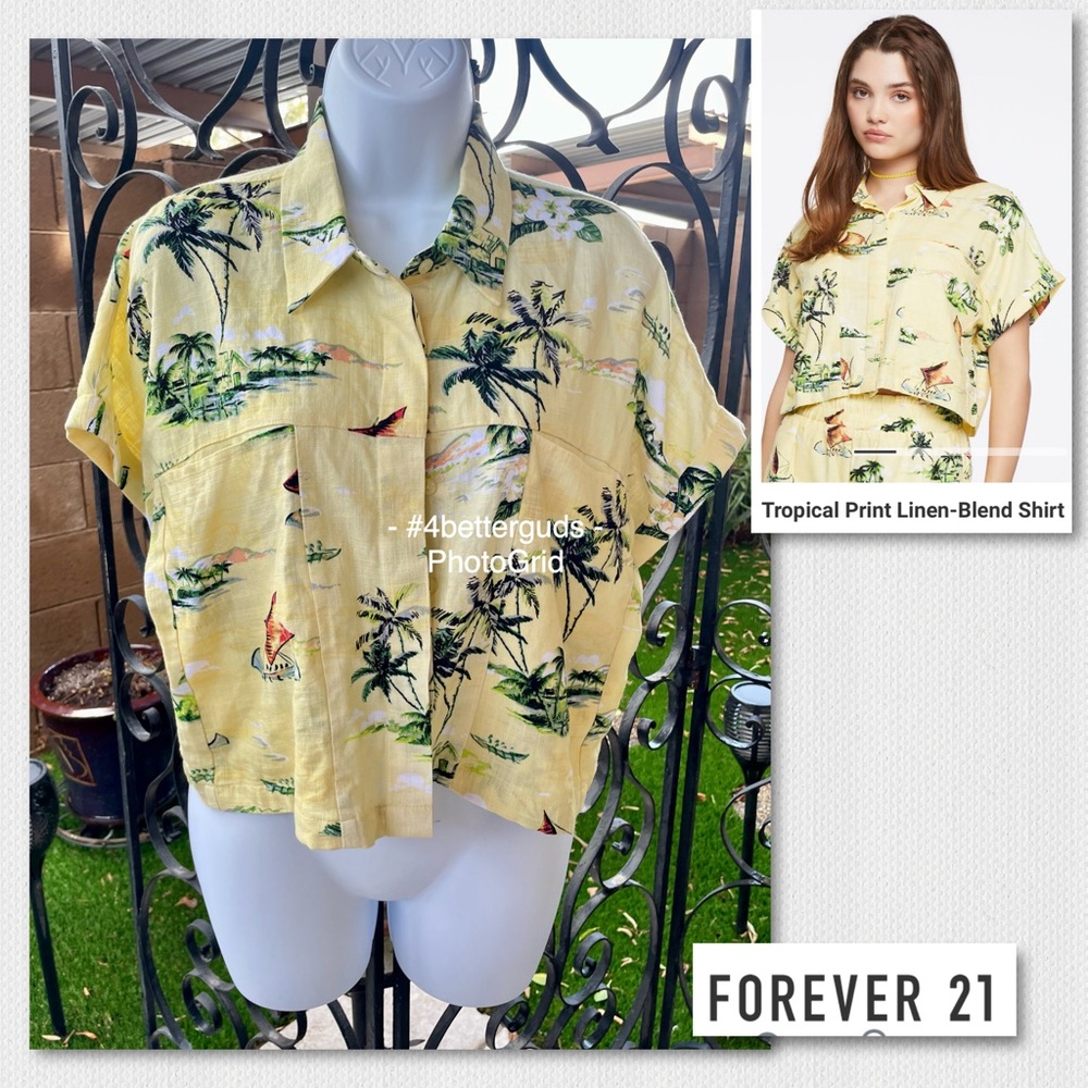 New Forever 21 Button Up Tropical Linen Blend Mimosa Color Oversized Top Sz M-XL
